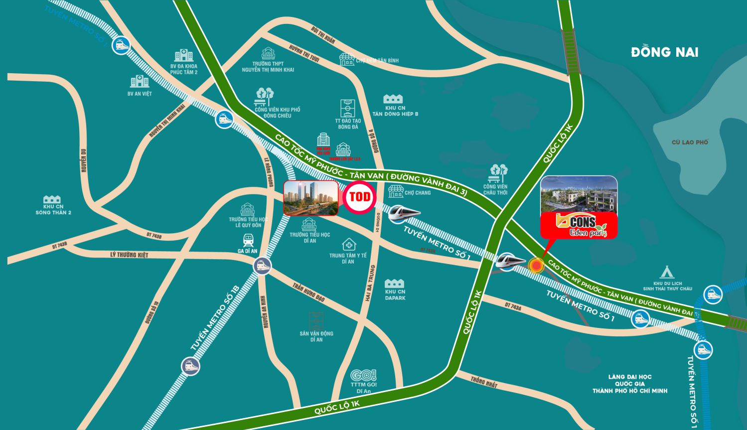 Vị trí Bcons Eden Park Đông Hoà nằm ngay kế bên tuyến Metro nối dài của Thành phố vi tri bcons eden park