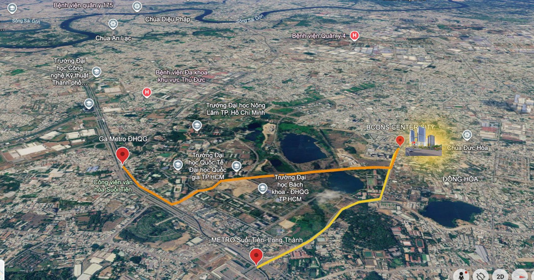 Vị trí Bcons Aria trên đại lộ Thống Nhất kết nối với Metro số 1