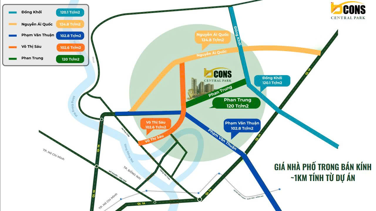 Giá đất một số tuyến đường cạnh Bcons Central Park 